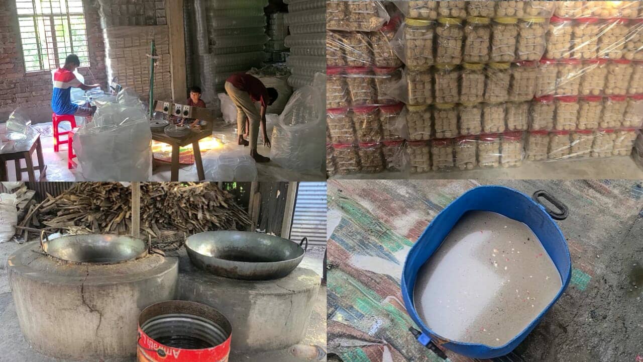 গাজীপুর কালিয়াকৈরে অস্বাস্থ্যকর পরিবেশে নারু উৎপাদন।
