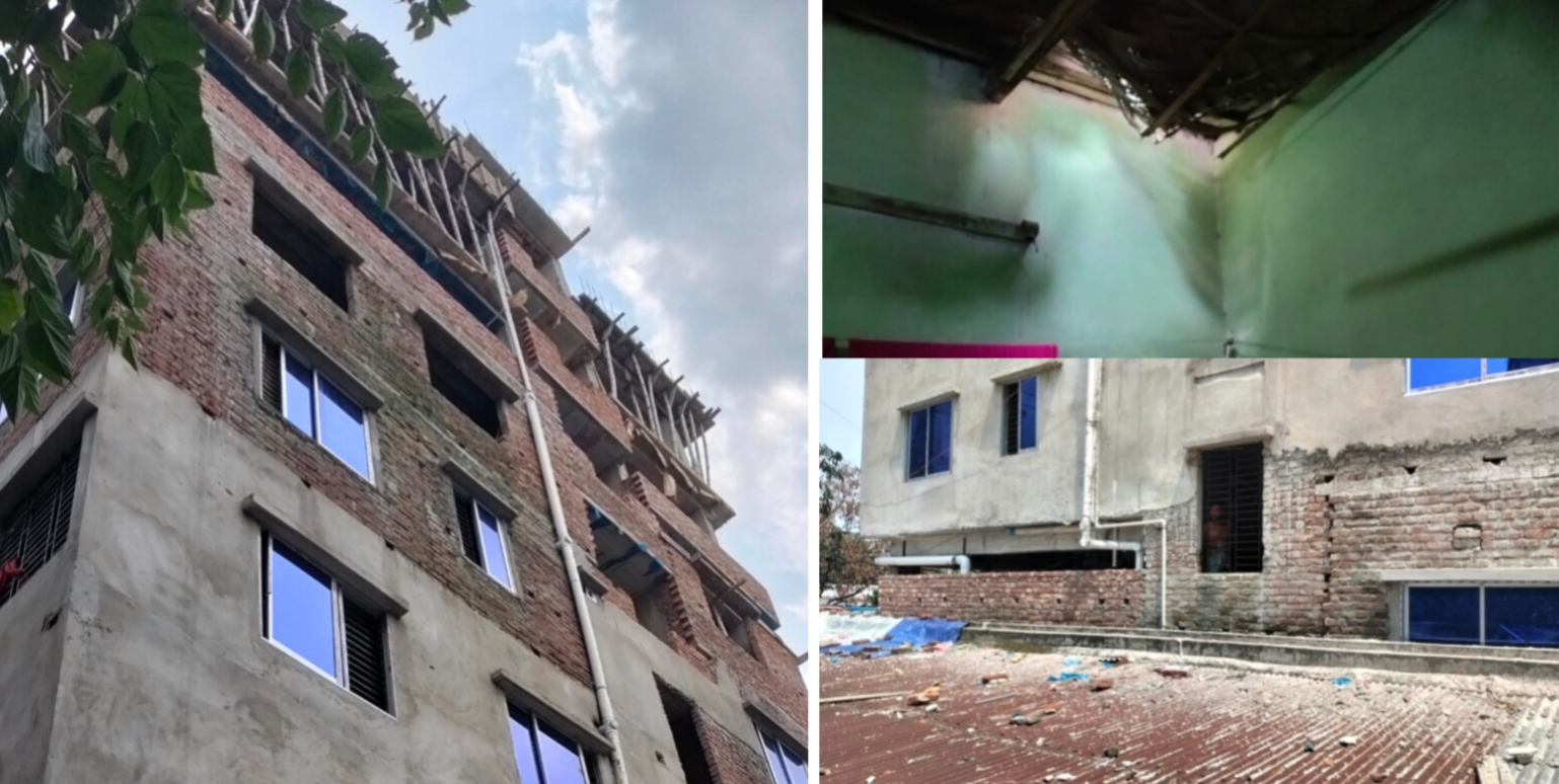 নিরাপত্তা ব্যবস্থা ছাড়া ভবন নির্মাণের অভিযোগ; বসতঘরের টিনের চাল ভেদ করে ঘরে পড়ে ইট